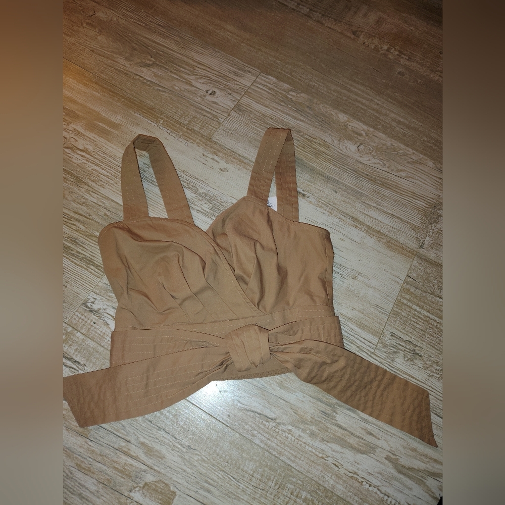 Tan Wrap Top with Bow Detail